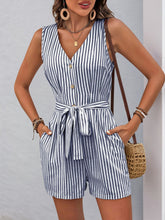 Perfee Striped V-Neck Tie Waist Romper OutfitFlow
